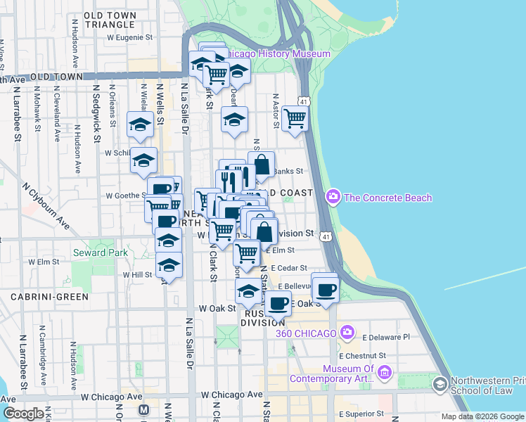 map of restaurants, bars, coffee shops, grocery stores, and more near 1255 North State Parkway in Chicago