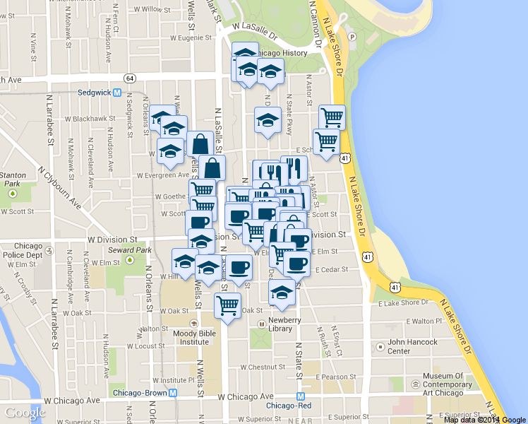 map of restaurants, bars, coffee shops, grocery stores, and more near 1255 North Dearborn Parkway in Chicago