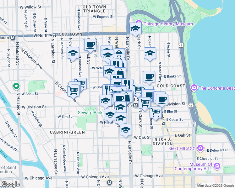map of restaurants, bars, coffee shops, grocery stores, and more near 1254 North Wells Street in Chicago