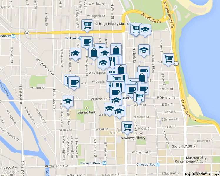 map of restaurants, bars, coffee shops, grocery stores, and more near 1254 North Wells Street in Chicago