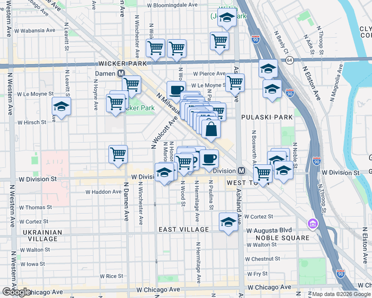 map of restaurants, bars, coffee shops, grocery stores, and more near 1741 West Ellen Street in Chicago