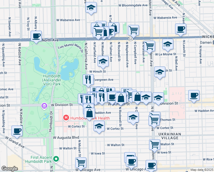 map of restaurants, bars, coffee shops, grocery stores, and more near in Chicago