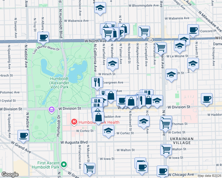 map of restaurants, bars, coffee shops, grocery stores, and more near in Chicago