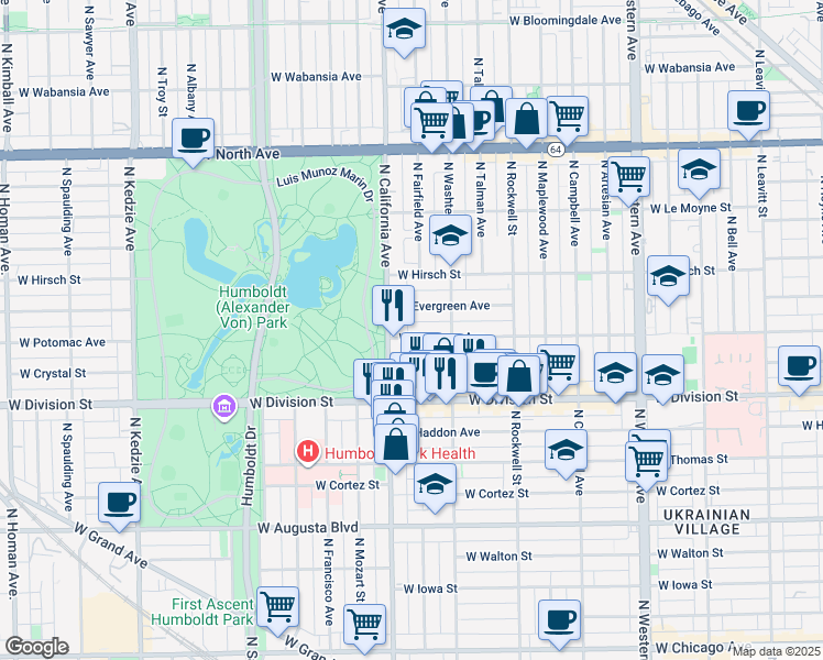 map of restaurants, bars, coffee shops, grocery stores, and more near 2737 West Evergreen Avenue in Chicago