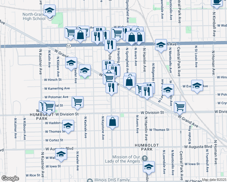 map of restaurants, bars, coffee shops, grocery stores, and more near in Chicago