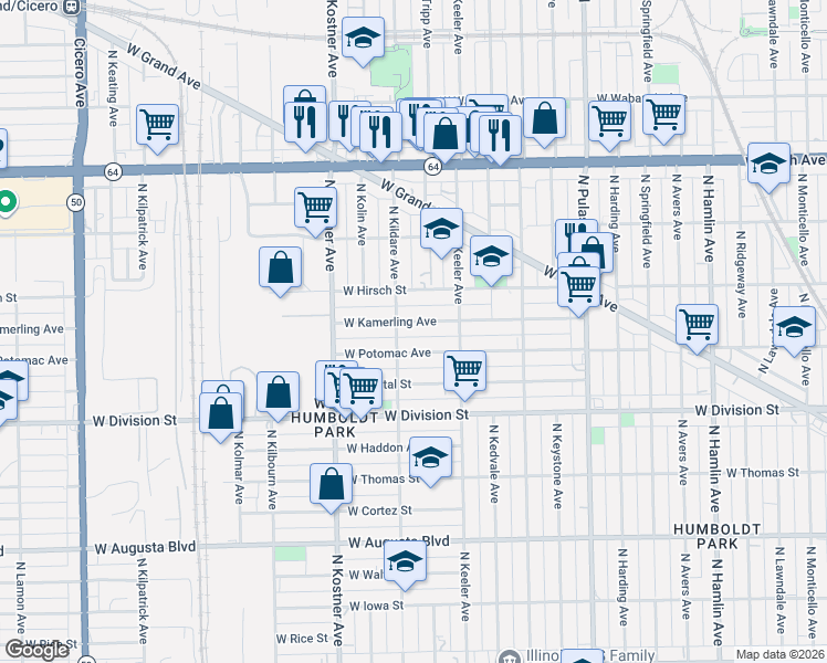 map of restaurants, bars, coffee shops, grocery stores, and more near 4256 West Kamerling Avenue in Chicago