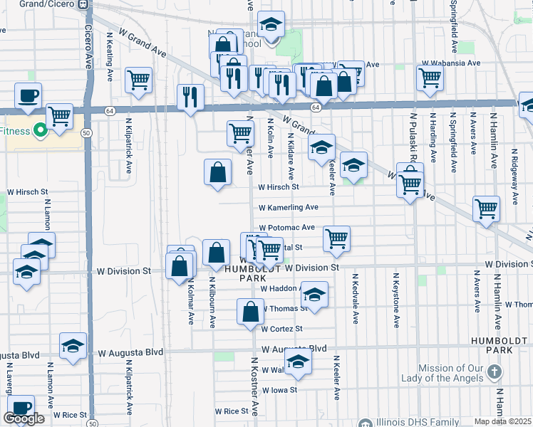map of restaurants, bars, coffee shops, grocery stores, and more near 4330 West Kamerling Avenue in Chicago