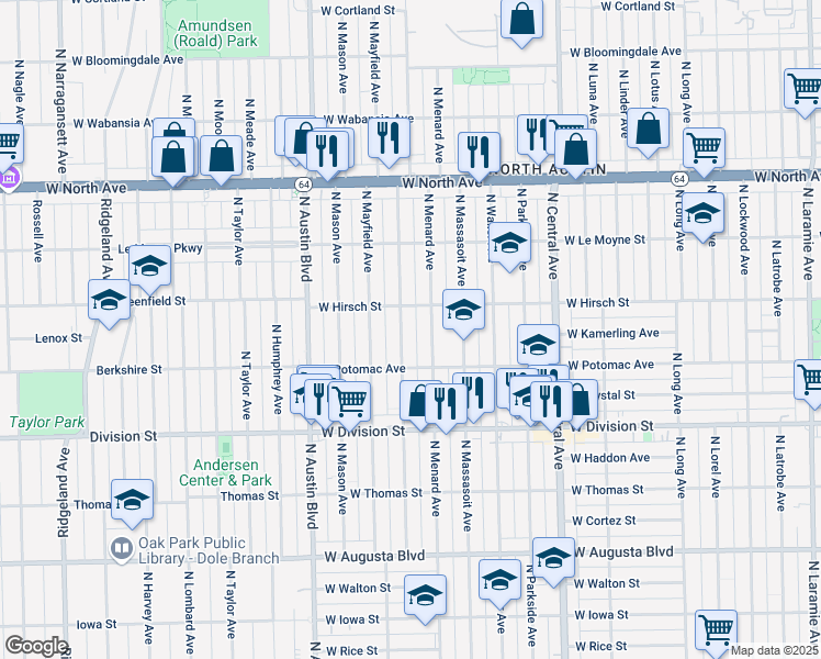 map of restaurants, bars, coffee shops, grocery stores, and more near 1356 North Menard Avenue in Chicago