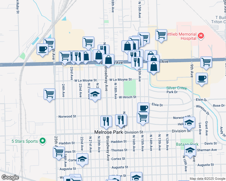 map of restaurants, bars, coffee shops, grocery stores, and more near 1739 North 19th Avenue in Melrose Park