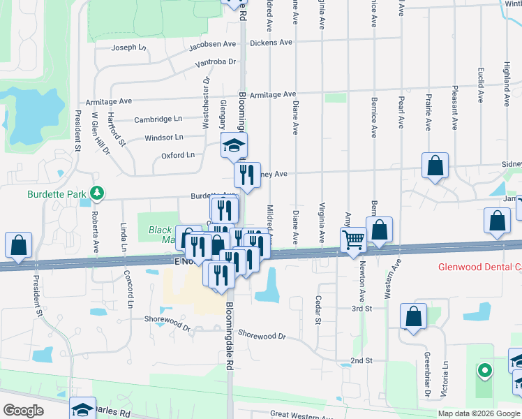 map of restaurants, bars, coffee shops, grocery stores, and more near 2N136 Mildred Avenue in Glen Ellyn
