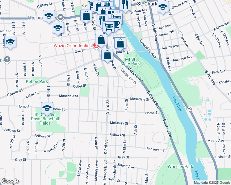 map of restaurants, bars, coffee shops, grocery stores, and more near 900 South 3rd Street in St. Charles