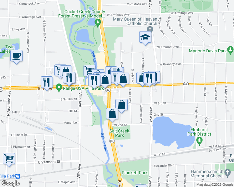 map of restaurants, bars, coffee shops, grocery stores, and more near 650 West North Avenue in Elmhurst