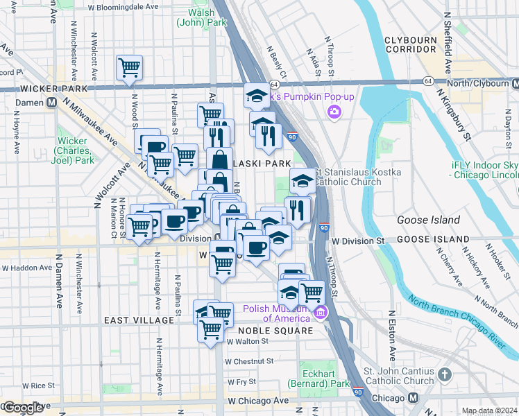 map of restaurants, bars, coffee shops, grocery stores, and more near 1255 North Greenview Avenue in Chicago