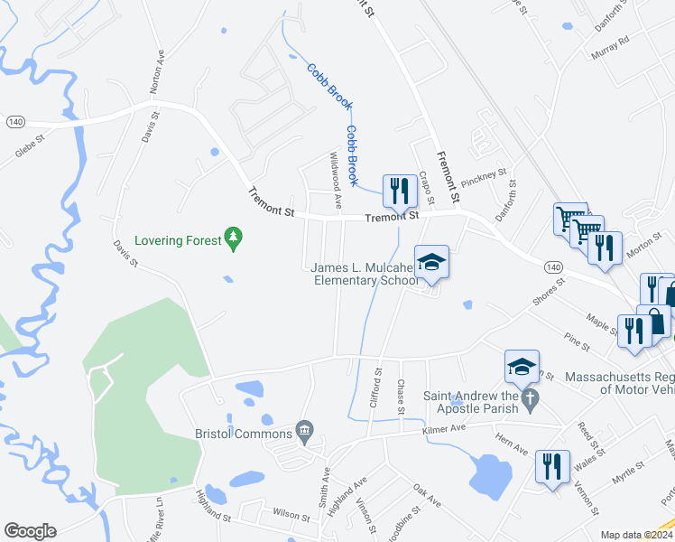 map of restaurants, bars, coffee shops, grocery stores, and more near 2 Oakland Avenue in Taunton