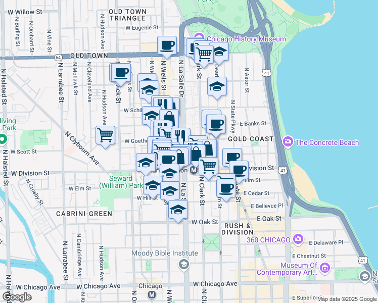 map of restaurants, bars, coffee shops, grocery stores, and more near 1249 North LaSalle Drive in Chicago
