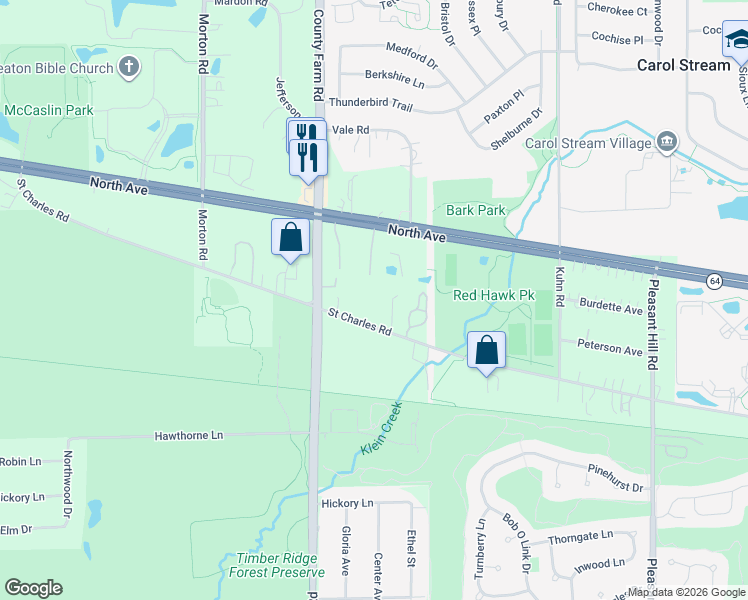 map of restaurants, bars, coffee shops, grocery stores, and more near 27W010 Saint Charles Road in Carol Stream