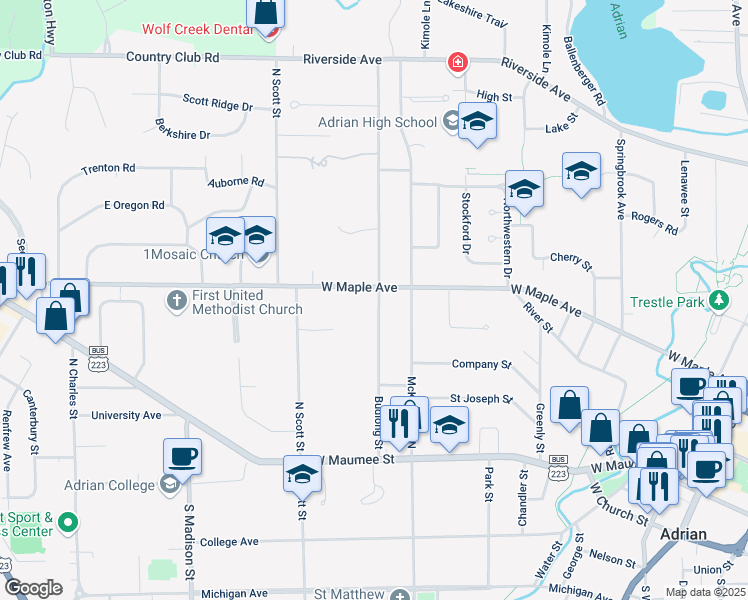 map of restaurants, bars, coffee shops, grocery stores, and more near 373 Budlong Street in Adrian