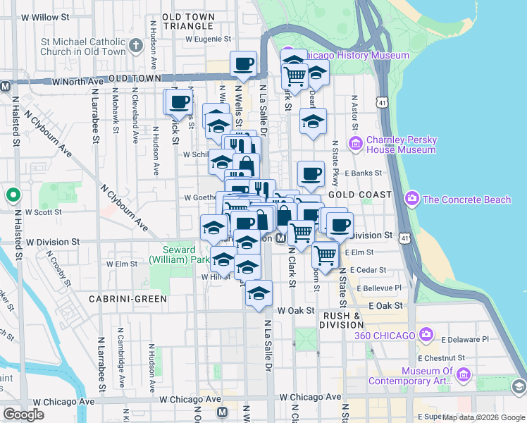 map of restaurants, bars, coffee shops, grocery stores, and more near 1258 North La Salle Drive in Chicago