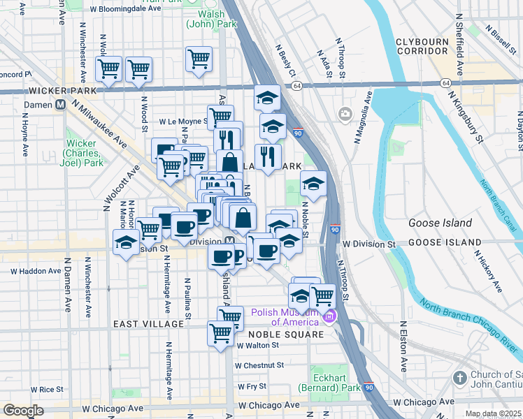 map of restaurants, bars, coffee shops, grocery stores, and more near 1311 North Bosworth Avenue in Chicago