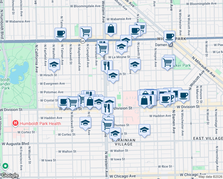 map of restaurants, bars, coffee shops, grocery stores, and more near 1313 North Claremont Avenue in Chicago