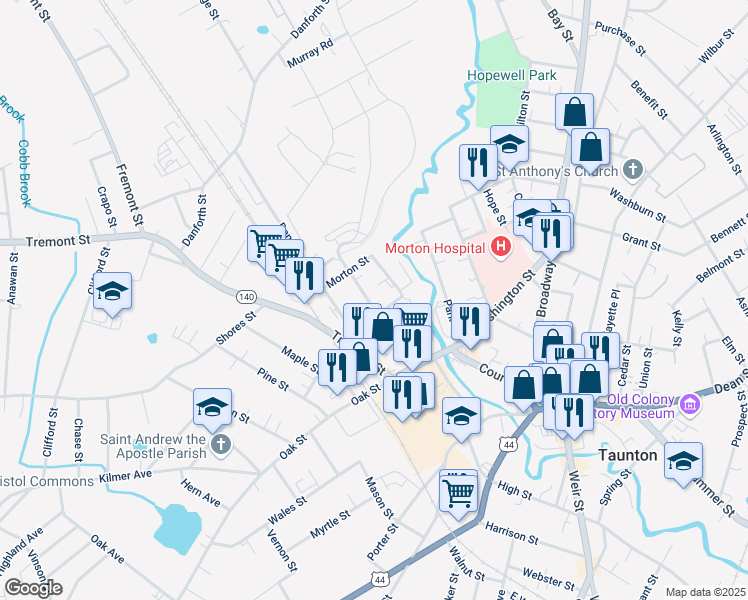 map of restaurants, bars, coffee shops, grocery stores, and more near 37 Hodges Avenue in Taunton