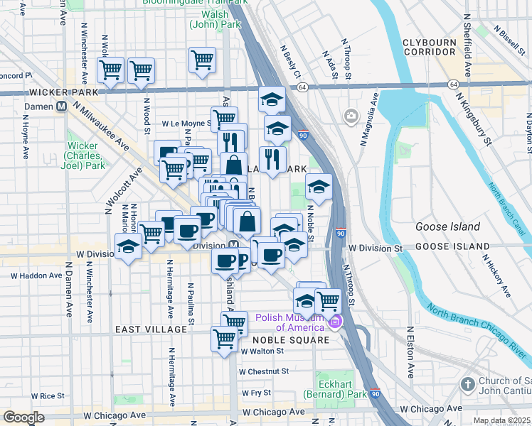 map of restaurants, bars, coffee shops, grocery stores, and more near 1254 North Greenview Avenue in Chicago