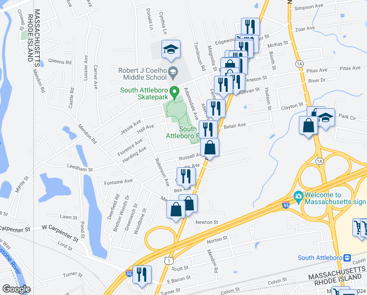 map of restaurants, bars, coffee shops, grocery stores, and more near 75 Pine Road in Attleboro