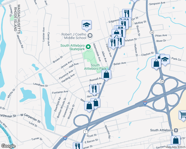 map of restaurants, bars, coffee shops, grocery stores, and more near Pine Road in Attleboro