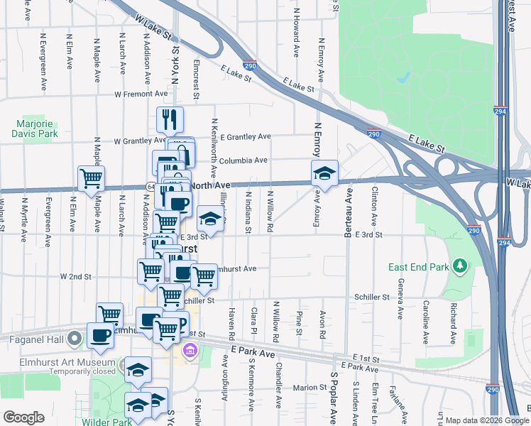 map of restaurants, bars, coffee shops, grocery stores, and more near 272 North Willow Road in Elmhurst