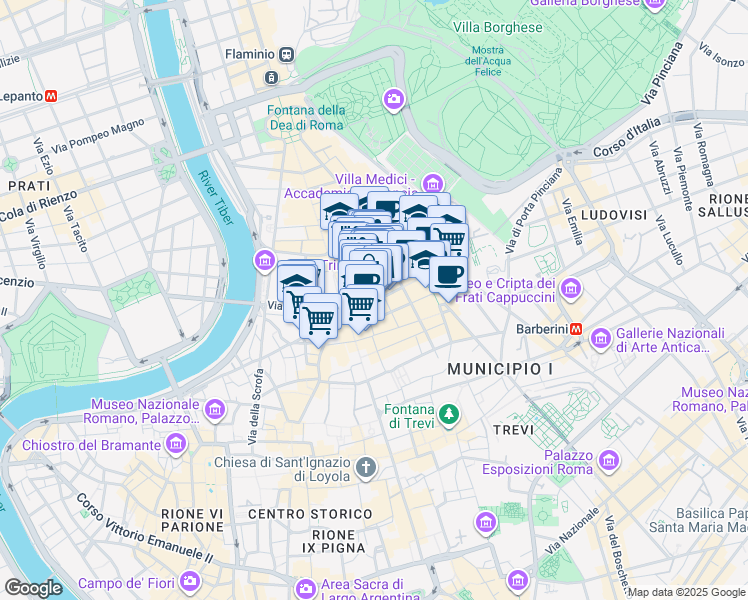 map of restaurants, bars, coffee shops, grocery stores, and more near 62 Via dei Condotti in Roma