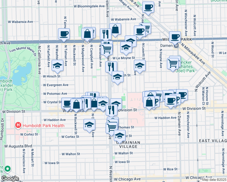 map of restaurants, bars, coffee shops, grocery stores, and more near 1321 North Western Avenue in Chicago