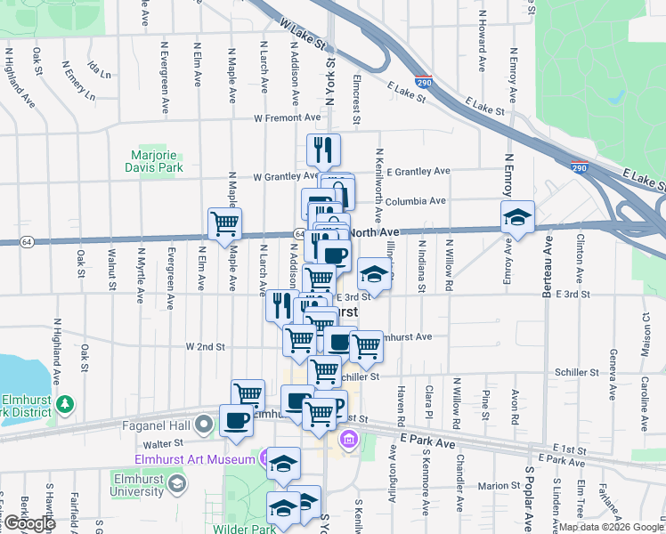 map of restaurants, bars, coffee shops, grocery stores, and more near 270 North Michigan Street in Elmhurst