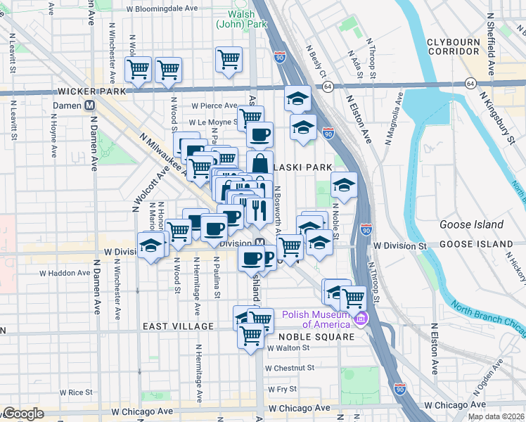 map of restaurants, bars, coffee shops, grocery stores, and more near 1257 North Ashland Avenue in Chicago