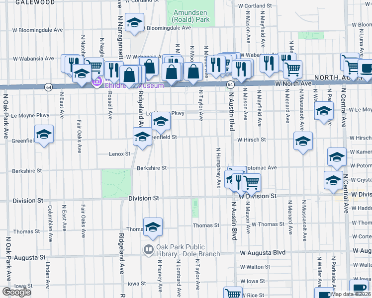 map of restaurants, bars, coffee shops, grocery stores, and more near 1044 North Lombard Avenue in Oak Park