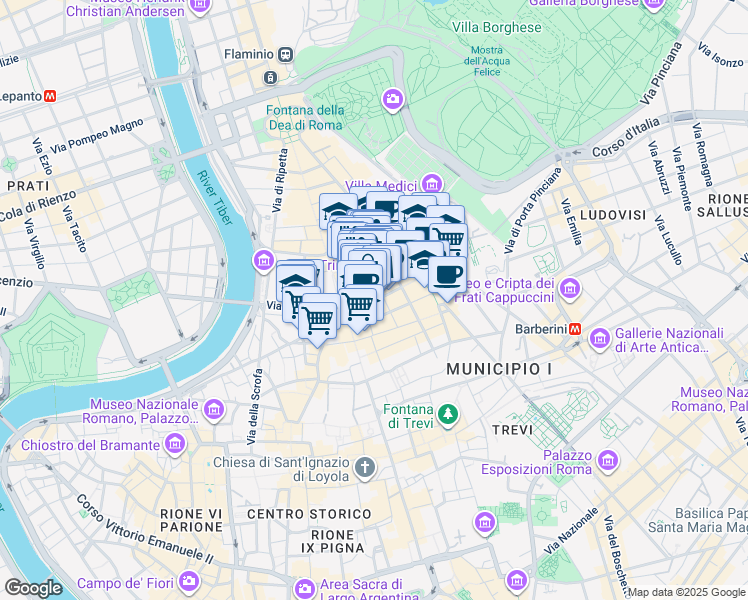 map of restaurants, bars, coffee shops, grocery stores, and more near 62 Via dei Condotti in Roma