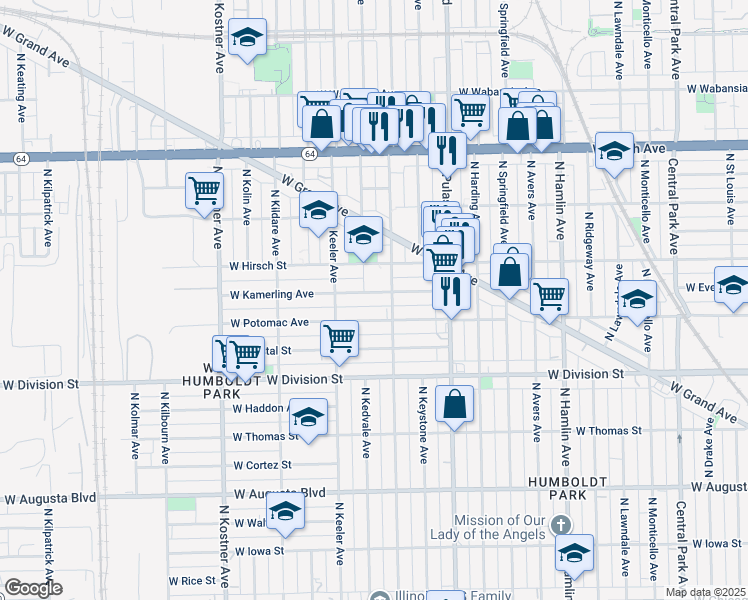 map of restaurants, bars, coffee shops, grocery stores, and more near 4117 West Kamerling Avenue in Chicago