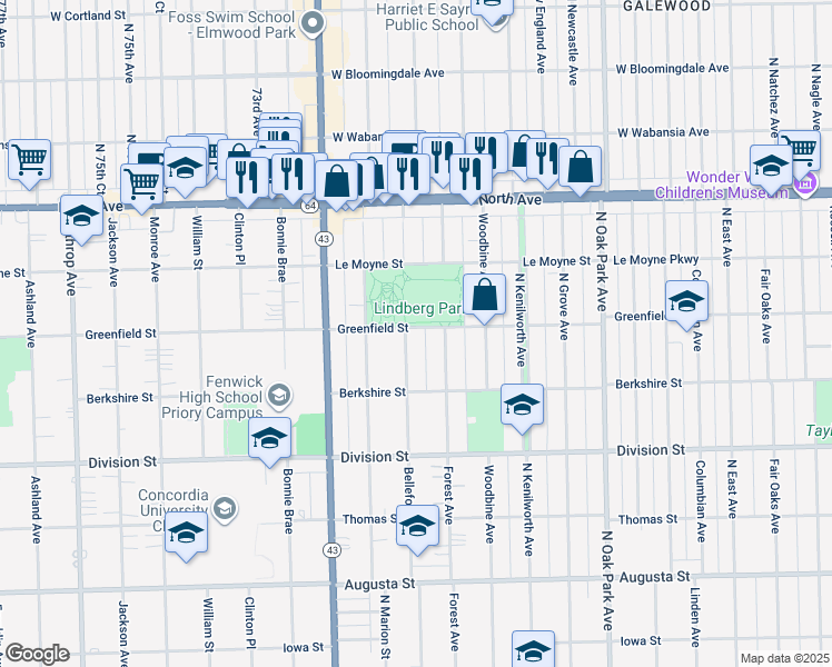 map of restaurants, bars, coffee shops, grocery stores, and more near 1046 Belleforte Avenue in Oak Park