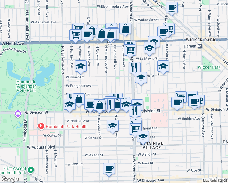 map of restaurants, bars, coffee shops, grocery stores, and more near 1320 North Campbell Avenue in Chicago