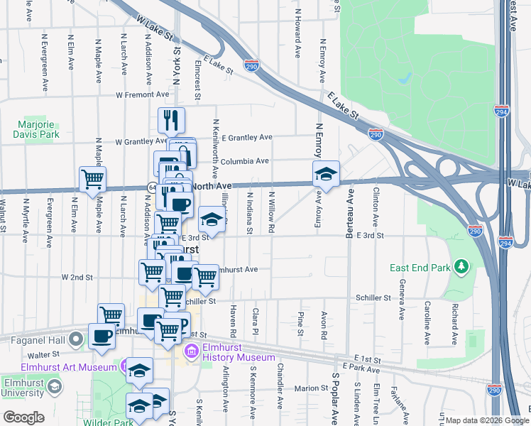 map of restaurants, bars, coffee shops, grocery stores, and more near 288 North Willow Road in Elmhurst
