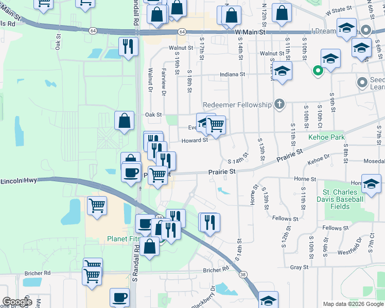 map of restaurants, bars, coffee shops, grocery stores, and more near 1835 Wessel Court in St. Charles