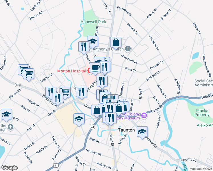 map of restaurants, bars, coffee shops, grocery stores, and more near 10 Dean Avenue in Taunton