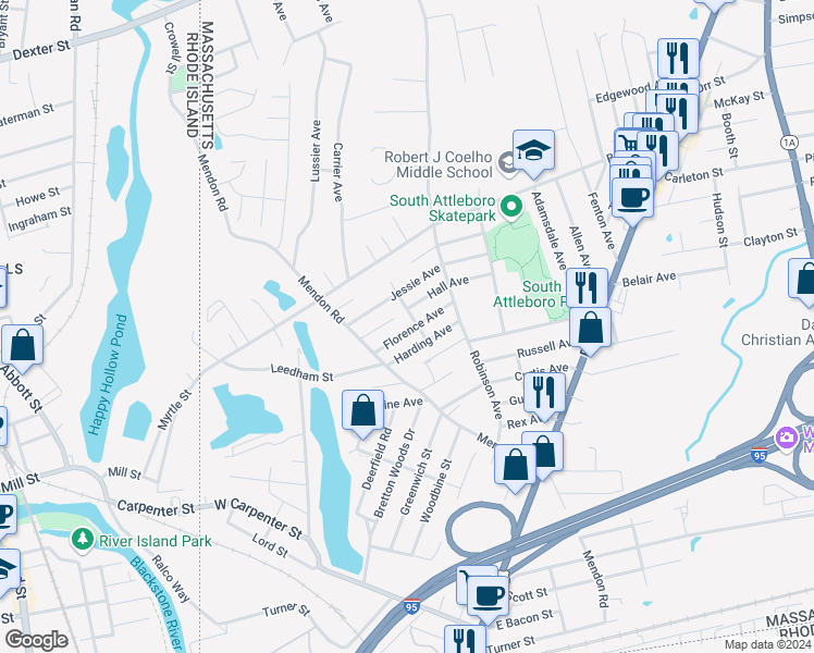 map of restaurants, bars, coffee shops, grocery stores, and more near 45 Hall Avenue in Attleboro