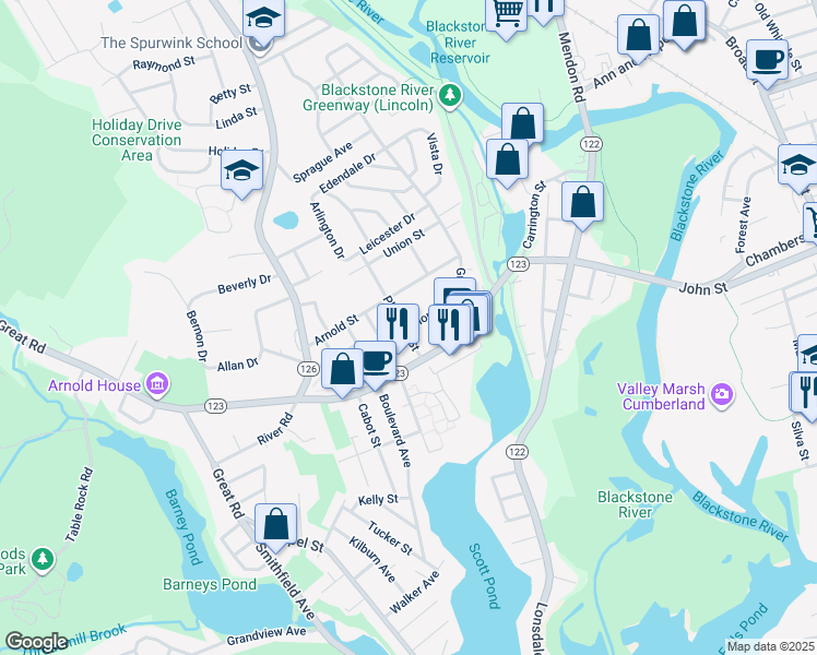 map of restaurants, bars, coffee shops, grocery stores, and more near 54 Pleasant Street in Lincoln