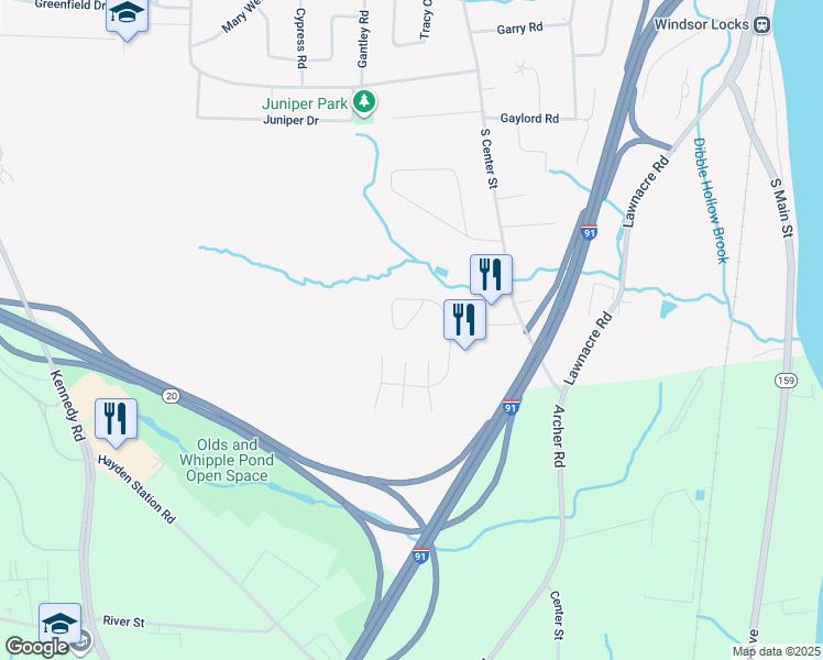 map of restaurants, bars, coffee shops, grocery stores, and more near 1 Woodridge Drive in Windsor Locks
