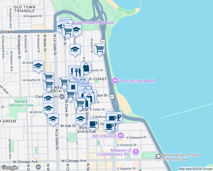 map of restaurants, bars, coffee shops, grocery stores, and more near 1250 U.S. 41 in Chicago