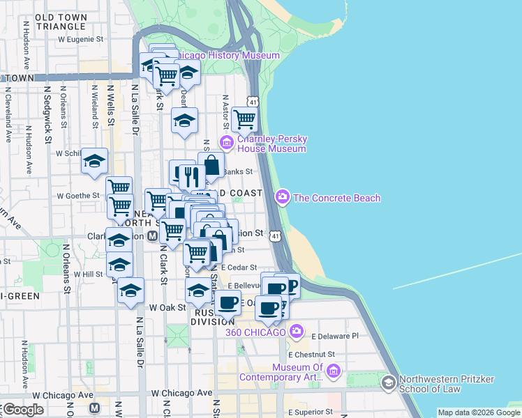 map of restaurants, bars, coffee shops, grocery stores, and more near 1250 U.S. 41 in Chicago
