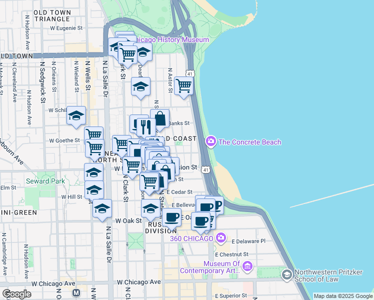 map of restaurants, bars, coffee shops, grocery stores, and more near 1250 U.S. 41 in Chicago