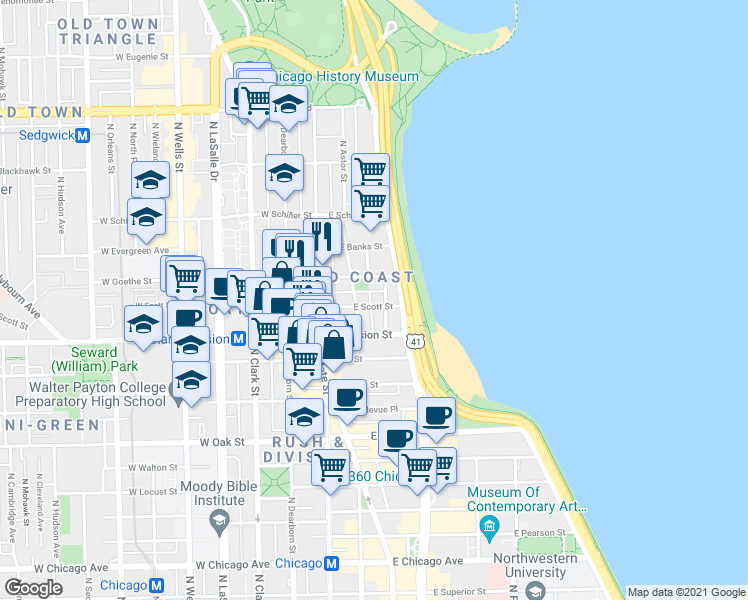 map of restaurants, bars, coffee shops, grocery stores, and more near in Chicago