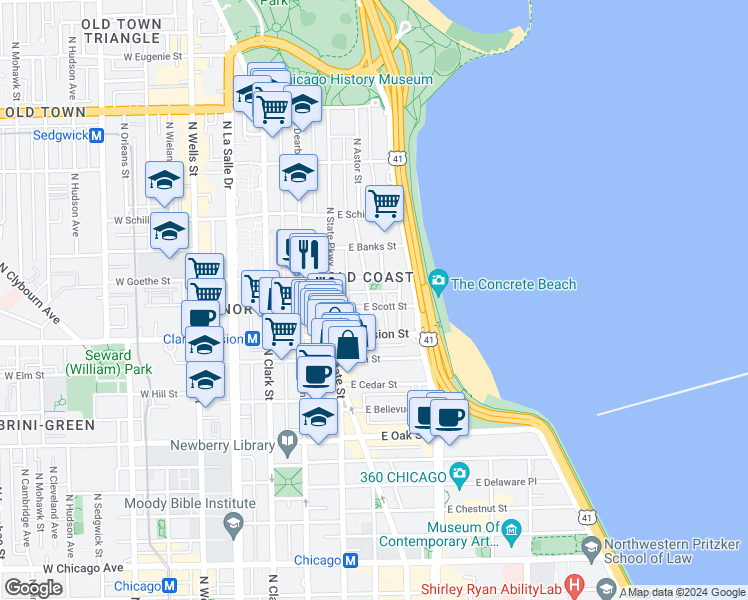 map of restaurants, bars, coffee shops, grocery stores, and more near in Chicago