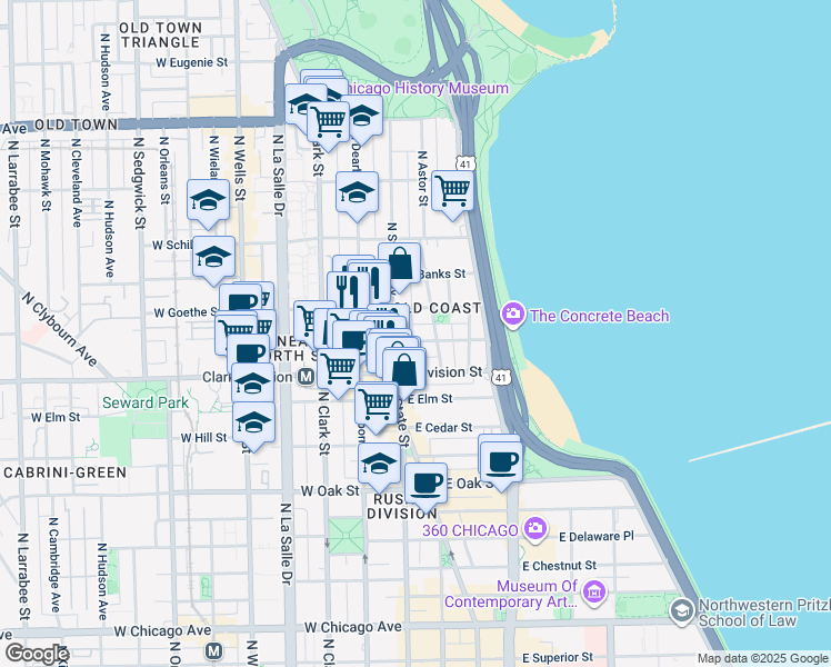 map of restaurants, bars, coffee shops, grocery stores, and more near 1255 North State Parkway in Chicago